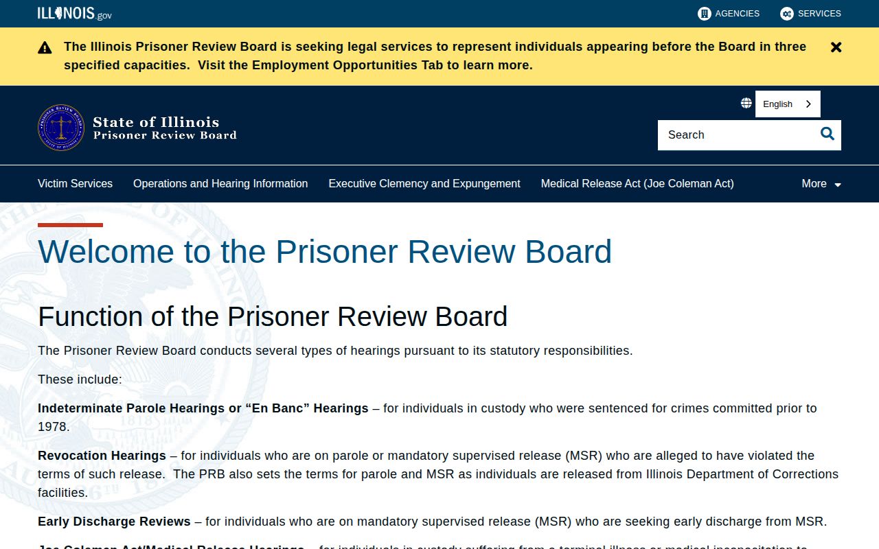 Illinois Prisoner Review Board official hearing and decision entry page