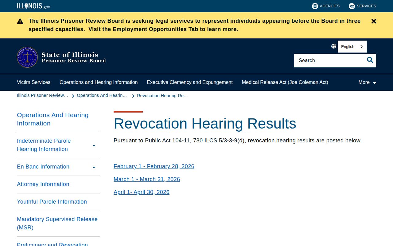 Illinois Prisoner Review Board revocation hearing results