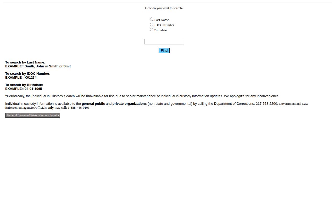 Pittsfield Work Camp release status IDOC search form